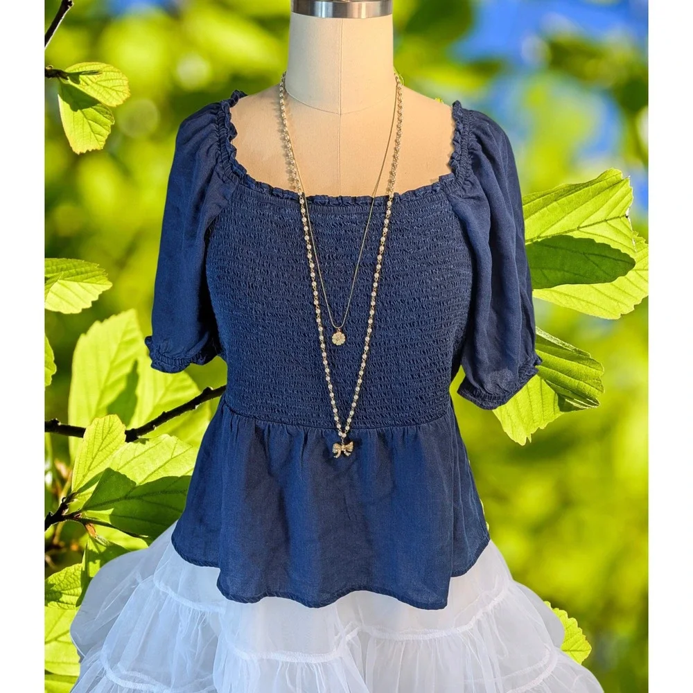Old Navy XXL Dark Blue Smocked Peplum Top Puff Sleeve Lyocell Blouse Tope